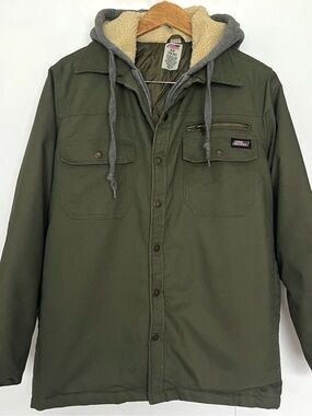 Dickies Canvas Utility Work Jacket Hooded Zip Front Button Size Small Green